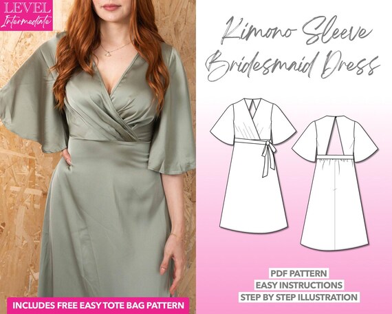 Kimono Sleeve Bridesmaid Dress Sewing Pattern: Open Back PDF (XS-XXXL) +  Bonus Tote