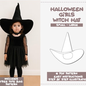 Könnte beinhalten: Ein junges Mädchen in einem schwarzen Hexenkostüm, einschließlich eines großen, spitzen Hutes und eines schwarzen Kleides. Das Bild enthält den Text "HALLOWEEN GIRLS WITCH HAT SMALL - LARGE". Das Bild enthält auch ein PDF-Muster mit einfachen Anweisungen.