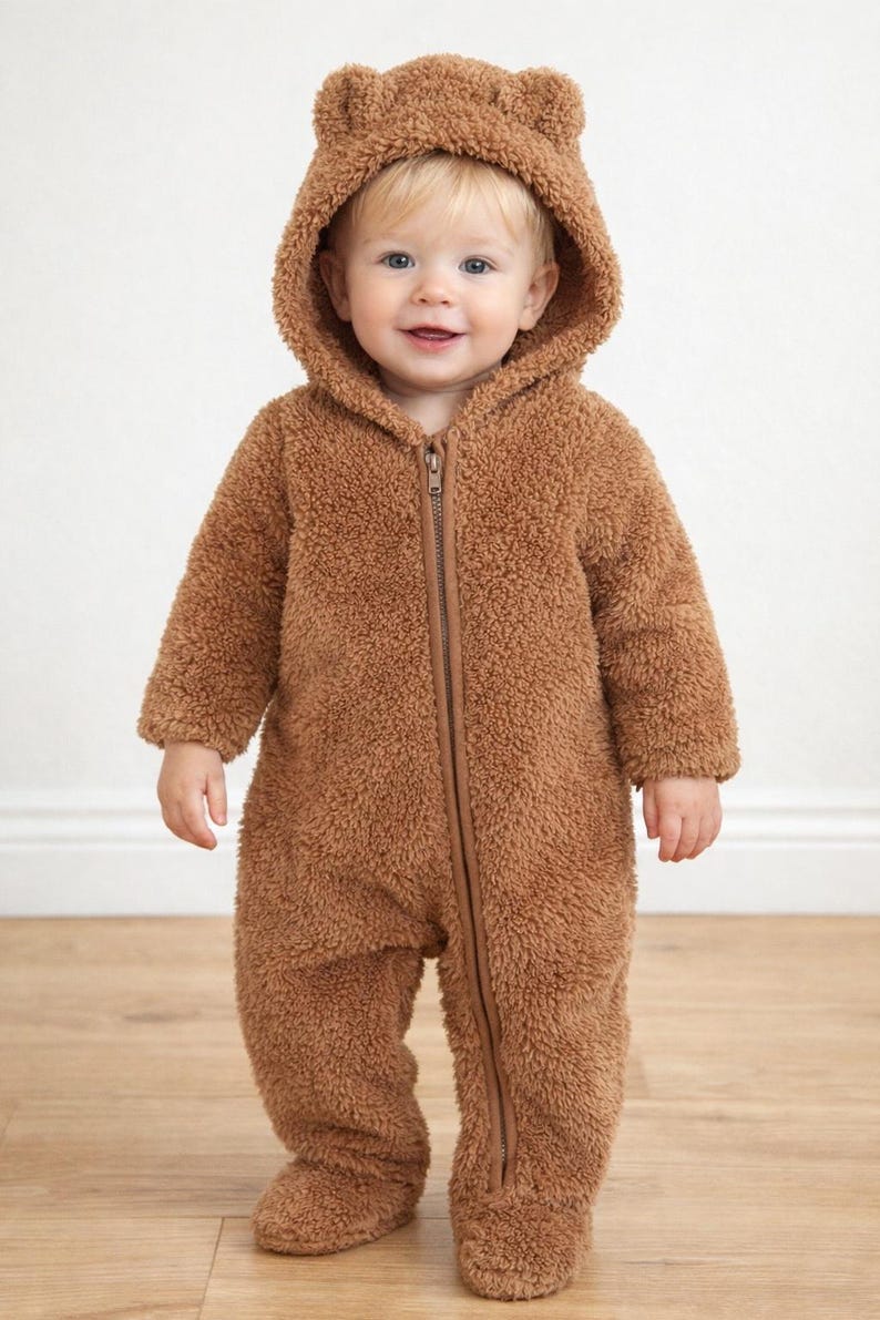 Child wearing a brown bear-themed Zipper Front Jumpsuit with a hood against a white background.