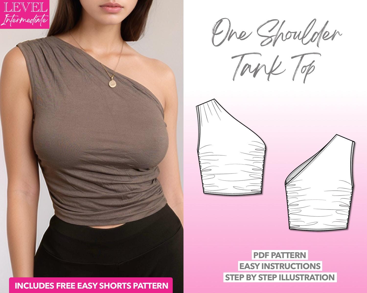 One Shoulder Ruched Crop Top Sewing Pattern (PDF Download XS-XXXL) Bonus Shorts Pattern