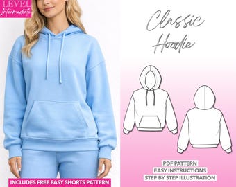 Hoodie Sewing Pattern Women Sewing Pattern Hooded Sweatshirt PDF Drop Shoulder Hoodie Sweater Pattern Pullover Pattern Kangaroo Pocket Hoody