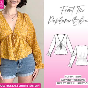 Top Sewing Pattern Front Tie Peplum Blouse PDF Pattern Women Sewing Pattern Blouse Pattern Boho Top Sewing Pattern Front Tie Blouse Pattern
