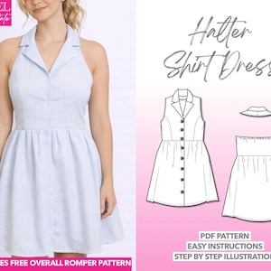 Molde para vestido camisa, molde para vestido com gola, molde para vestido com botões frontais em PDF, vestido frente única, vestido com botões na frente, vestido sem alças, vestido acinturado e evasê.