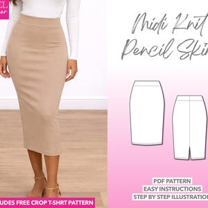 Midi Skirt Sewing Pattern Women PDF Pattern Knit Sewing Pattern Pencil Skirt Sewing Pattern Easy Pattern Beginner Sewing Pattern Body-Con