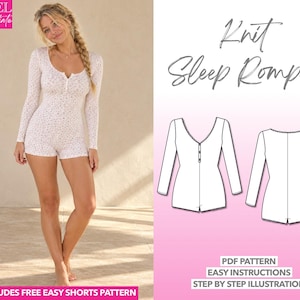 Sleep Romper Sewing Pattern Women Romper PDF Pattern Sleepwear Pattern Unitard Romper Loungewear Pattern Pajama Pattern Slumber Party PJs