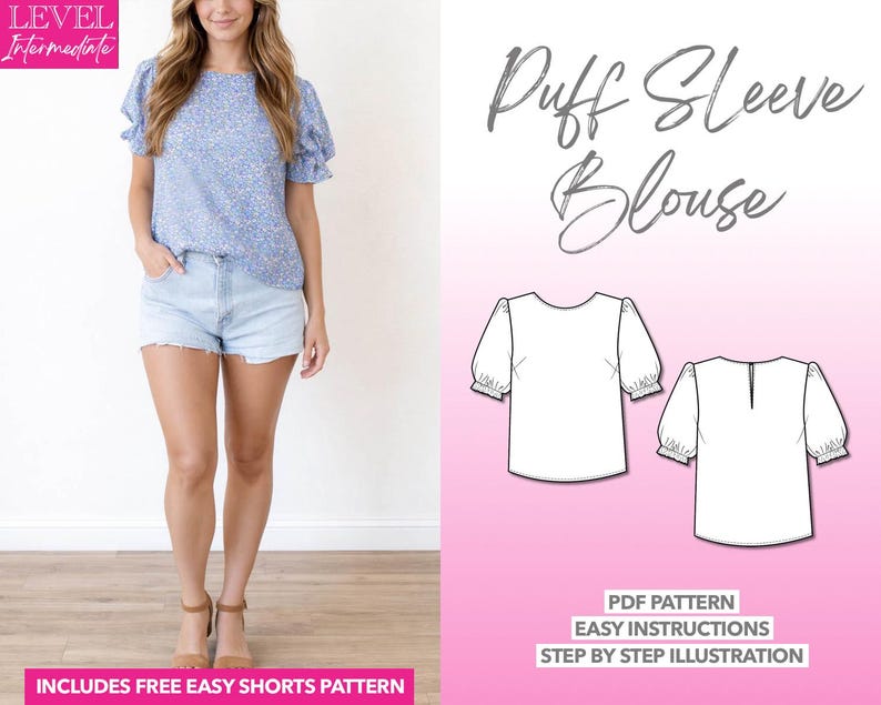 Puff Sleeve Blouse pdf sewing pattern with easy instructions and step by step illustrations.