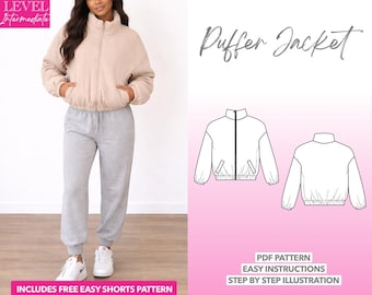 Puffer Jacket Sewing Pattern: Women's Zip Up Coat (PDF Pattern XS-XXXL)