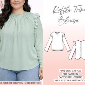 Cartamodello per camicetta taglie forti, abbigliamento curvy, camicetta con volant, cartamodello PDF, cartamodello per top da donna, cartamodello per camicetta a maniche lunghe con bottoni