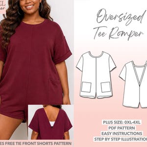 Patron de couture facile pour une combinaison-short grande taille oversize, modèle PDF pour femme ronde, combinaison-short ample, idéal pour débutantes.