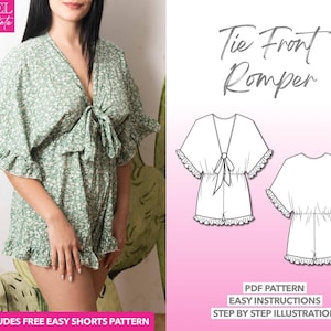 Romper Sewing Pattern Tie Front Romper PDF Pattern Women Sewing Pattern Playsuit Pattern Kimono Sleeve Romper Sewing Pattern PDF Romper