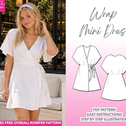 Wrap Dress Sewing Pattern Kimono Sleeve Dress Mini Dress PDF Pattern Easy Women Dress Pattern Beginner Friendly Summer Pattern Day Dress