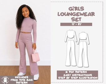 Patrón de costura en PDF para conjunto de ropa de estar por casa para niñas (1 a 8 años)