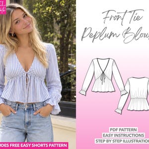 Puede incluir: Una blusa peplum de manga larga a rayas azul claro y blanco con cierre de lazo frontal y puños con volantes. La imagen incluye un dibujo técnico de la parte delantera y trasera de la blusa, etiquetado como Front Tie Peplum Blouse, PDF Pattern, Easy Instructions y Step By Step Illustration.