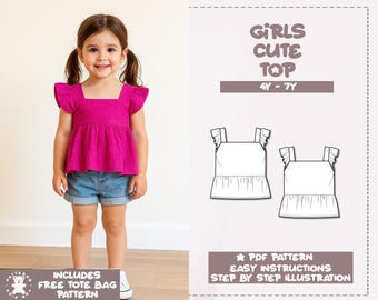 Patrón de costura de top peplum para niña: escote cuadrado y mangas con volantes (4-7 años) (patrón en PDF)