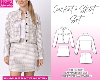 Jacket and Skirt Set Sewing Pattern Women PDF Pattern Tweed Jacket Sewing Pattern Mini Skirt Outfit Sewing Pattern Crop Jacket Pattern Chic
