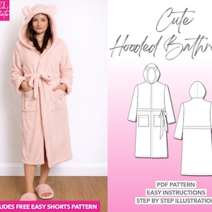Patrón de costura para bata de baño con capucha: Ropa de estar por casa fácil (Descarga PDF XS-XXXL)