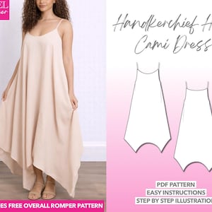 Modello di cucito per abito con orlo a fazzoletto: taglie da donna dalla XS alla XXXL (modello PDF)