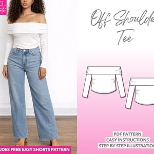 Off Shoulder Tee Sewing Pattern: Knit Top PDF (XS-XXXL) + Bonus Shorts Pattern