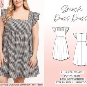 Plus Size Smock Dress Pattern Square Neck Dress PDF Pattern Larger Sizes Ruffle Sleeve Dress Curvy Mini Dress for Beginners Plus Size Women
