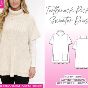 Turtleneck Sewing Pattern for Women Beginner Sweater Dress PDF Pattern Easy Knitted Sweater Tunic Dress Pattern Fisherman Sweater Oversized