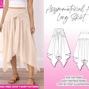Patrón de costura de falda con dobladillo asimétrico, patrón de falda con lazo frontal en PDF, patrón de falda boho, patrón de falda maxi para mujer, patrón de falda con lazo frontal.