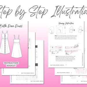 Button Down Dress sewing pattern instruction booklet showing step by step illustrations to make the garment.