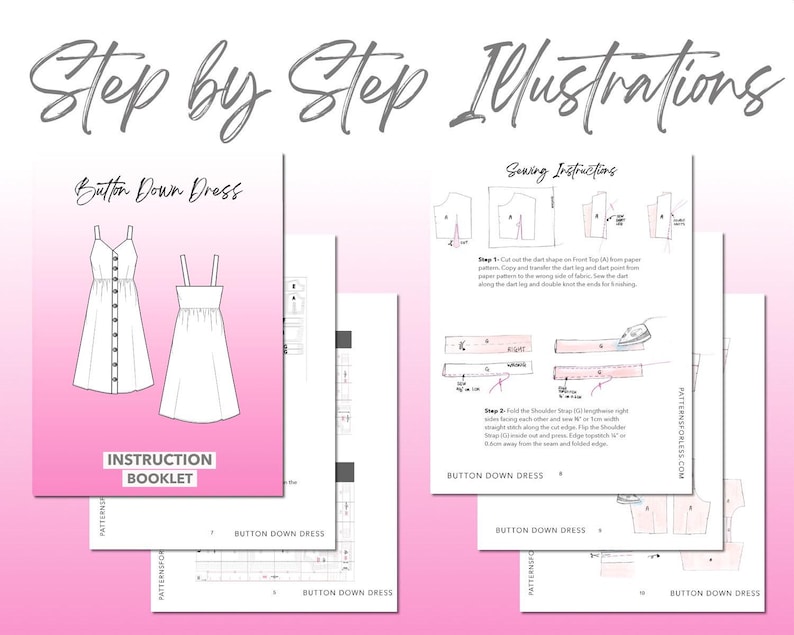 Button Down Dress sewing pattern instruction booklet showing step by step illustrations to make the garment.