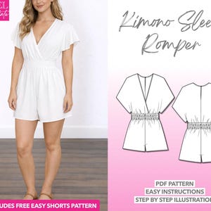 Naaipatroon romper met kimonomouwen: eenvoudige pdf (XS-XXXL) + bonusshort