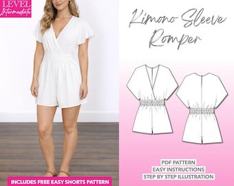 Kimono Sleeve Surplice Romper Sewing Pattern: Easy PDF (XS-XXXL) + Bonus Shorts