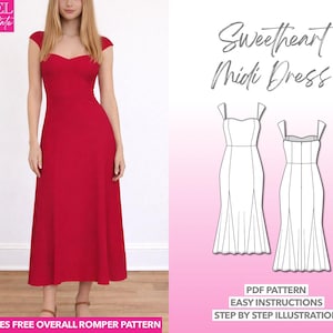 Patrón de costura para vestido midi de escote corazón: Manga corta (PDF, tallas XS-XXXL)