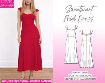 Sweetheart Midi Dress Sewing Pattern: Cap Sleeve PDF (XS-XXXL)