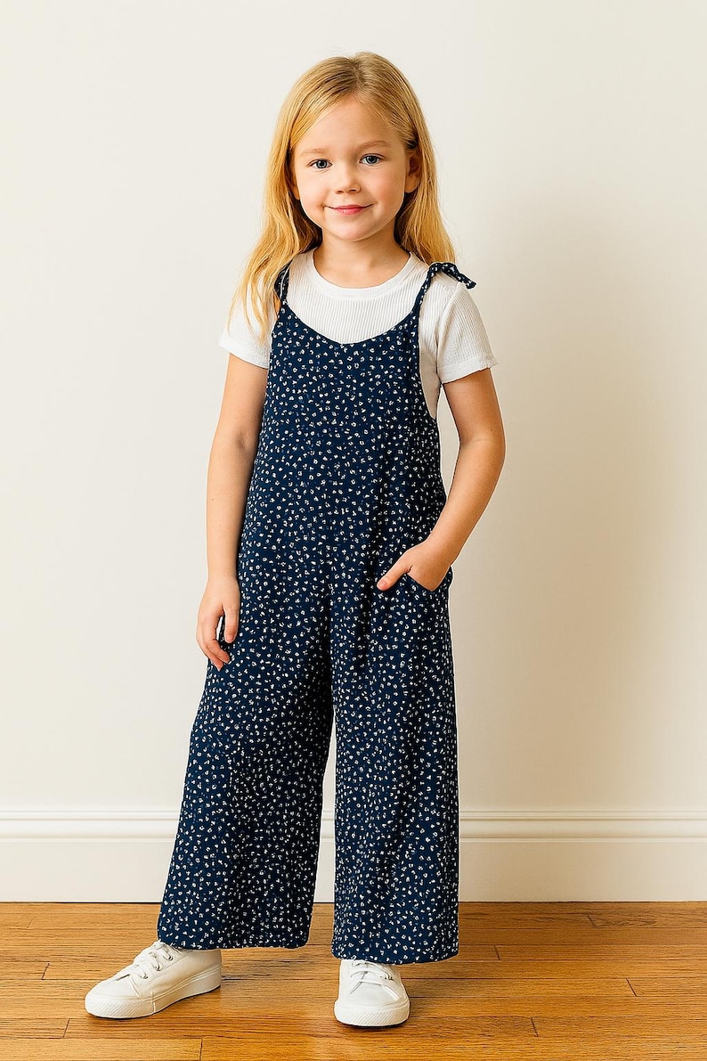 Young girl wearing a navy blue polka dot Tie Shoulder Jumpsuit with a white shirt underneath, standing against a plain wall.