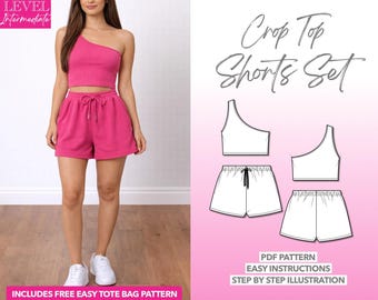 Modello di cucito per top corto e pantaloncini: completo in maglia da donna (modello PDF, XS-XXXL)