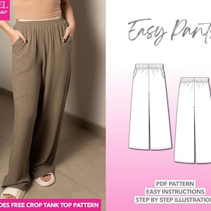 Pants Sewing Pattern Easy Pants PDF Pattern Wide Leg Pants Sewing Pattern Women Pant Sewing Pattern Elastic Waist Pants Pattern Pocket Pants