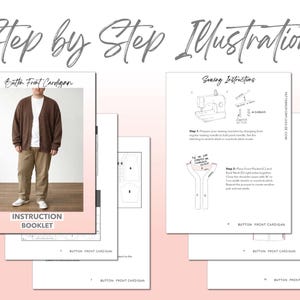 Plus Size Button Front Cardigan sewing pattern instruction booklet showing step by step illustrations to make the garment.