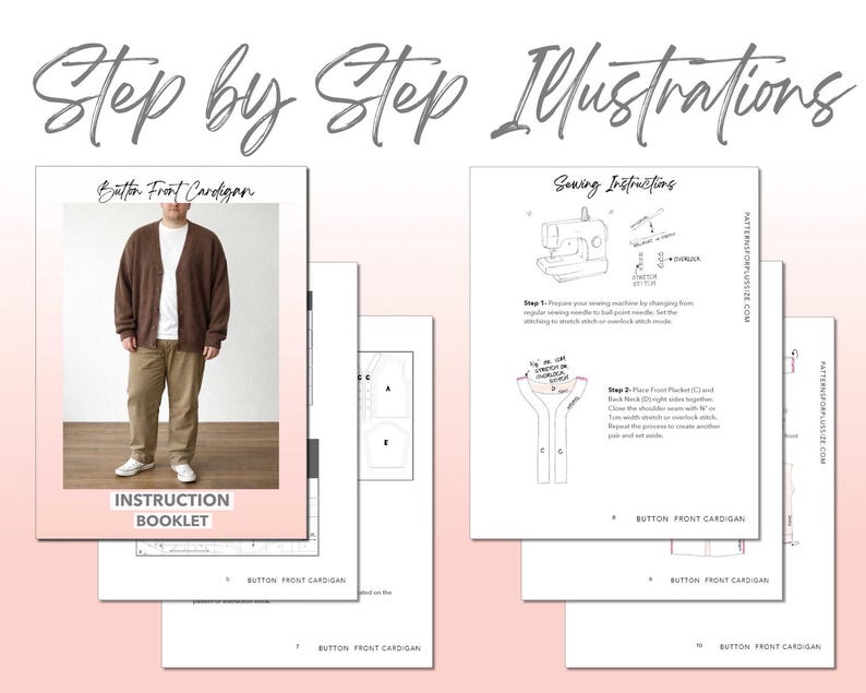 Plus Size Button Front Cardigan sewing pattern instruction booklet showing step by step illustrations to make the garment.