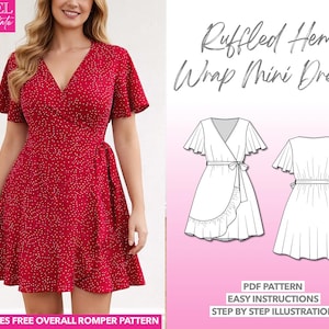 Patrón de costura de minivestido cruzado para mujer, patrón de vestido cruzado con volantes, patrón de vestido con dobladillo con volantes en PDF, minivestido cruzado con mangas con volantes