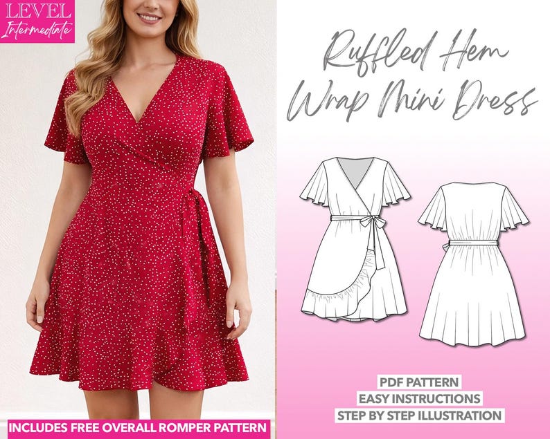 Ruffle Hem Wrap Mini Dress pdf sewing pattern with easy instructions and step by step illustrations.