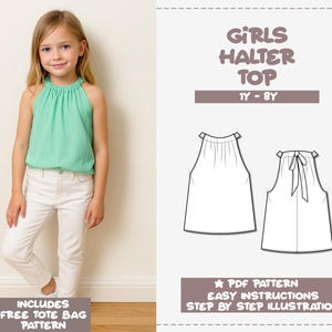 Puede incluir: Una niña con un top halter verde menta y pantalones blancos. La imagen también muestra un dibujo lineal del top halter y el texto "GIRLS HALTER TOP 1Y - 8Y". La imagen también incluye el texto "PDF PATTERN EASY INSTRUCTIONS STEP BY STEP ILLUSTRATION".