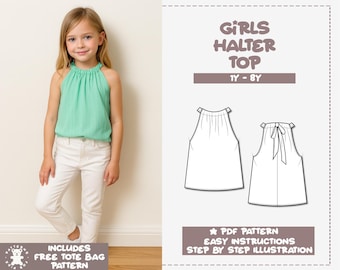 Girls Halter Top Sewing Pattern PDF (Sizes 1Y-8Y) - Includes Bonus Tote Bag Pattern