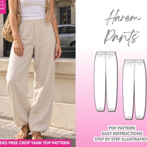 Patrón de costura para pantalones harem, pantalones de chándal para mujer, pantalones de pijama, pantalones casuales, pantalones de chándal cómodos, patrón para principiantes