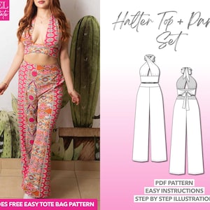 Halter Crop Top & Wide Leg Pants Sewing Pattern (PDF Download XS-XXXL)