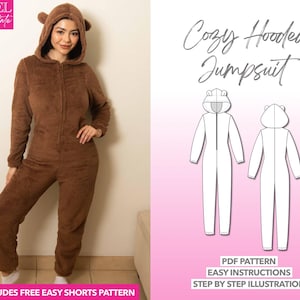3D Ears Hooded Jumpsuit Sewing Pattern: Sleepwear Loungewear (PDF Download XS-XXXL) Bonus Shorts Pattern