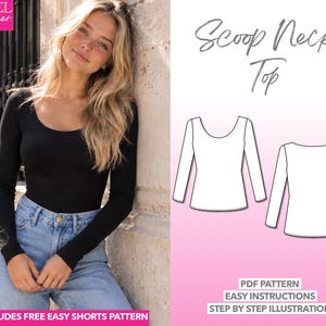 Scoop Neck Top Sewing Pattern Women Knit Tee Long Sleeve Top Boat Neck Shirt Beginner Pattern PDF Easy Instructions Simple Sewing Pattern