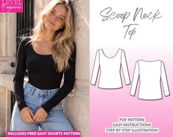 Mönster för stickad topp med rund halsringning för kvinnor, stickad t-shirt med lång ärm, båtringad tröja, nybörjarmönster, PDF, enkla instruktioner, enkelt sömnadsmönster