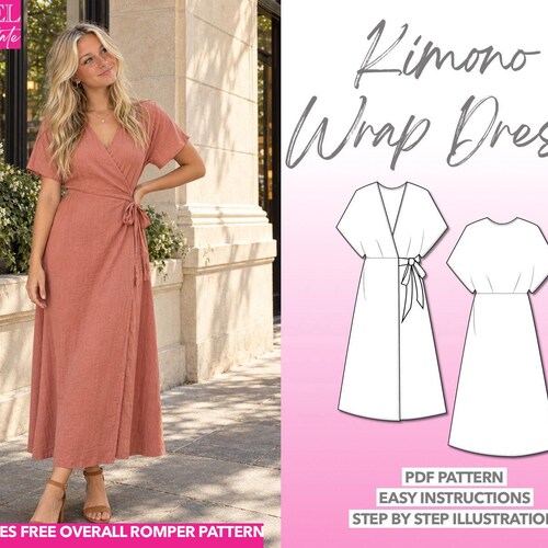 Wrap Dress Sewing Pattern Kimono Sleeve Wrap Maxi Dress Pattern Dress Sewing Pattern for Women Long Dress PDF Pattern Linen Dress Pattern