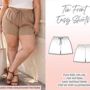 Plus Size Sewing Pattern Tie Front Easy Shorts PDF Pattern Women Shorts Beginner Friendly Shorts Pattern Drawstring Shorts Sewing Pattern