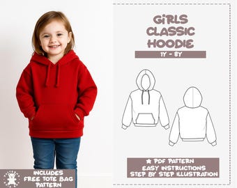 Kids Hoodie Sewing Pattern Hooded Sweatshirt Drop Shoulder Hoodie Easy Girl Sewing Pattern Kangaroo Pocket Sweater Pattern Pullover Pattern