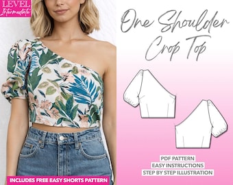 One Shoulder Top Pattern Crop Top Sewing Pattern Puff Sleeve Top Easy Women Top Sewing Pattern Beginner Sewing Pattern Beginner PDF Pattern