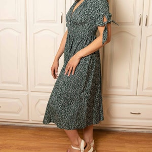 Side view of Tie Sleeve Button Front Midi Dress.
